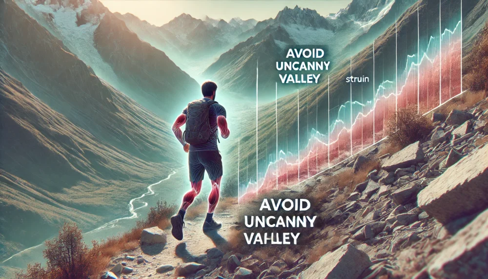 A realistic 16:9 horizontal illustration of a hiker walking down a steep mountain trail, highlighting the calorie burn and muscle strain unique to downhill hiking. The landscape features rugged terrain with a focus on the effort of descending, showing strain on the hiker's legs and controlled movement. Avoid uncanny valley effects.