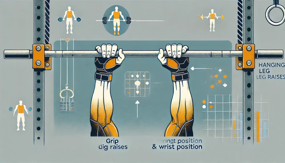 An illustration of a person using proper grip technique for hanging leg raises, highlighting the importance of grip strength and wrist position. Minimalistic gym background with focus on hands holding the bar firmly, providing clarity on how grip can enhance stability and effectiveness in the exercise. Friendly and instructional style, no uncanny details.