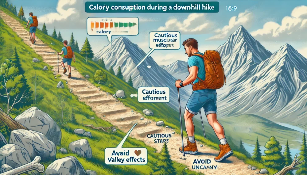 A detailed illustration in 16:9 horizontal format showing a hiker descending a mountain trail, illustrating calorie consumption during a downhill hike. The scene should include elements that represent the muscular effort required for downhill movement, such as cautious steps and balance, set against a scenic mountainous landscape. The style should be realistic and friendly, clearly conveying the physical demands of descending a mountain. Avoid uncanny valley effects.