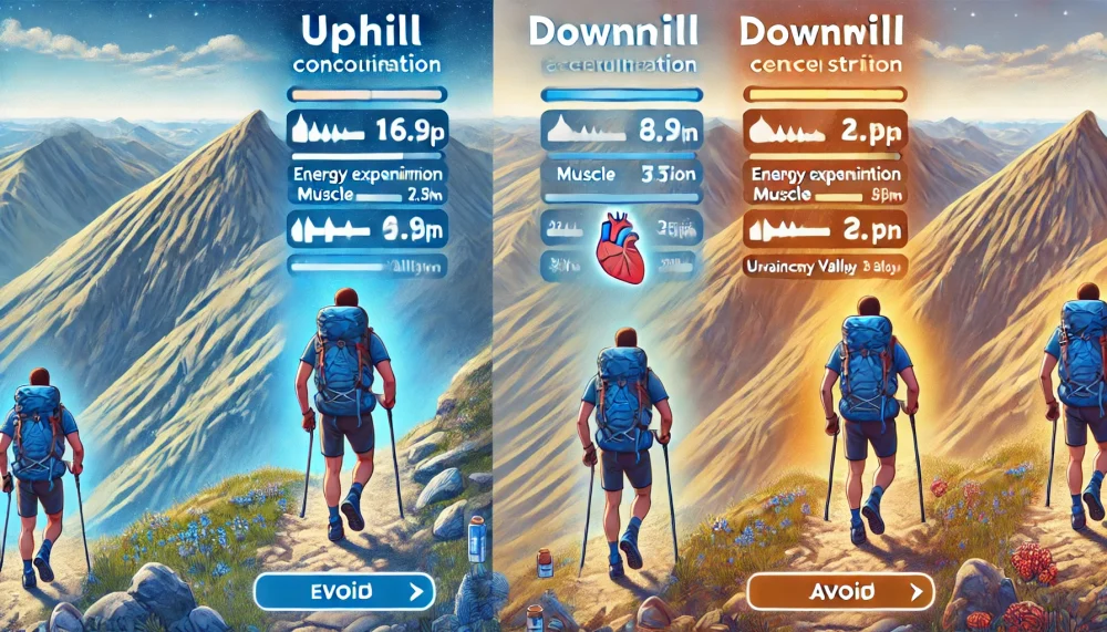 Illustration showing a comparison between calorie consumption during uphill and downhill hiking, with a clear focus on the energy expenditure and muscle strain in both directions. The image is in 16:9 horizontal format, realistic mountain scenery, emphasizing the physical demands of each hiking mode. Avoid uncanny valley effects.