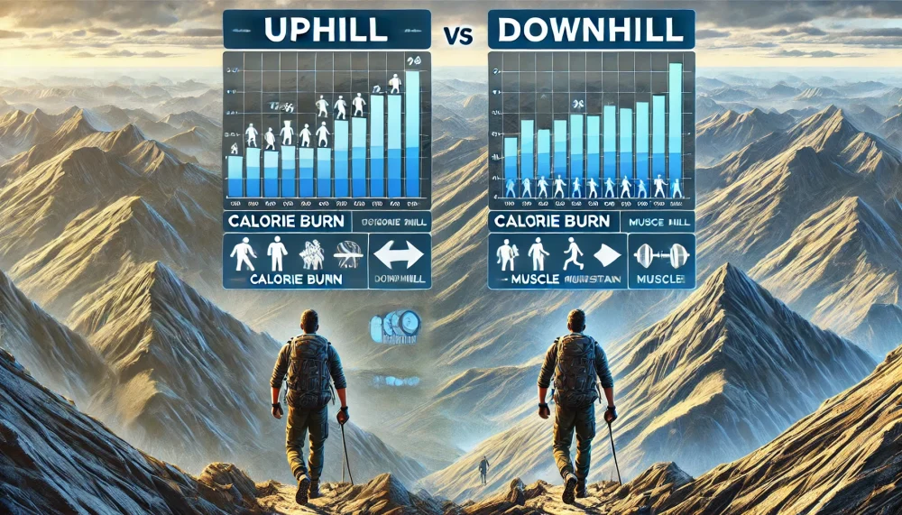 Illustration of a comparison between hiking uphill and downhill, highlighting the calorie burn and muscle strain in both directions. Realistic mountain landscape in 16:9 format, with distinct sections for uphill and downhill with clear visuals of physical effort.