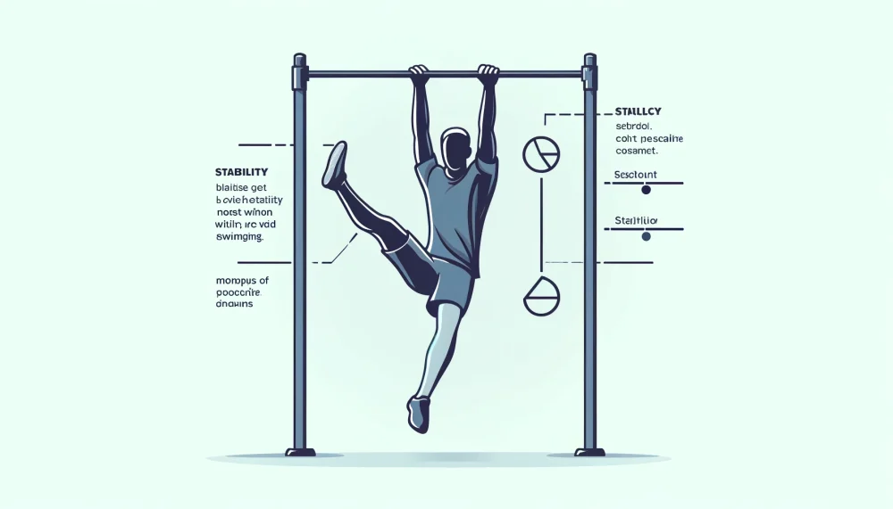 An illustration of a person focusing on stability and correct posture during a hanging leg raise. The figure demonstrates balance control to avoid swinging, holding onto the bar with a relaxed yet firm grip, with legs held steady at an upward angle. Minimal background with clear focus on posture and stabilization techniques for educational clarity.