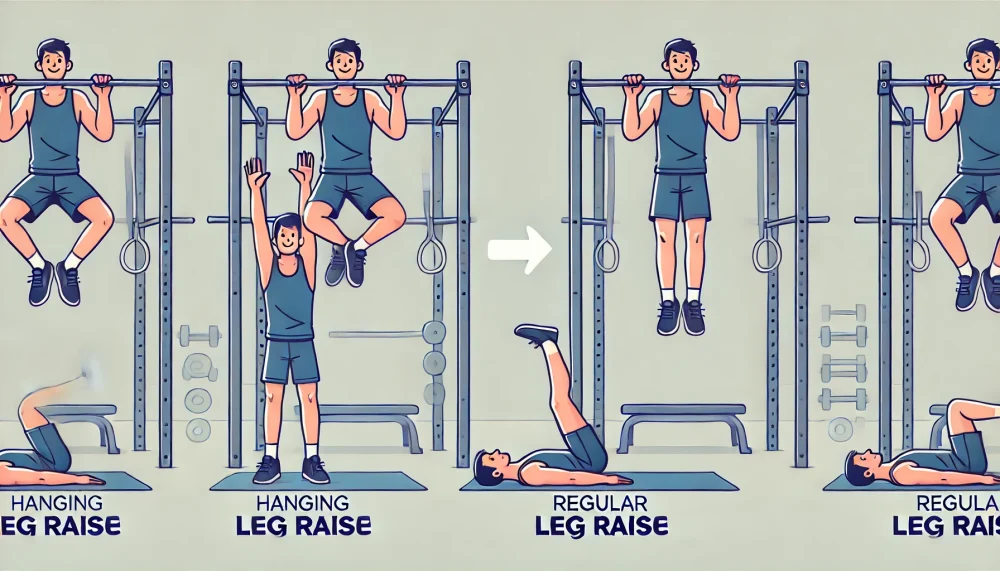 A friendly illustration of a person demonstrating the difference between hanging leg raise and regular leg raise exercises. The scene shows one person hanging on a pull-up bar with knees bent, while another lies on the ground performing leg raises. The gym setting is minimalistic, focusing on the form and variations of the exercises. Clear, approachable style with no uncanny details.