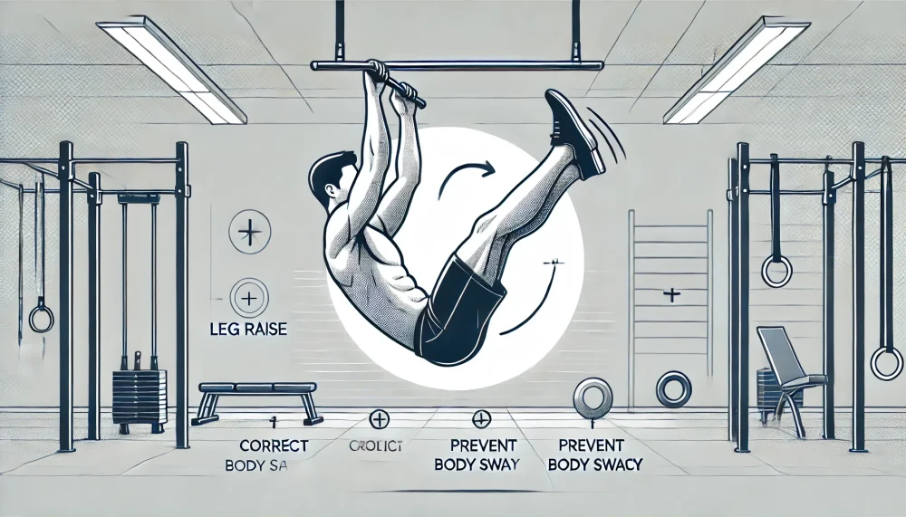 An illustration showing a person performing a hanging leg raise exercise with a focus on proper form. The person is shown lifting legs while keeping the body stable to demonstrate correct posture and control, especially to prevent body sway. Minimalistic gym setting in the background with clear visual focus on leg and core engagement.